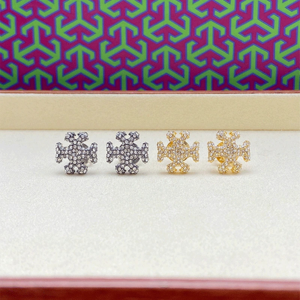 Tory Burch Gold Plated Double Micropave Letter Ear Studs